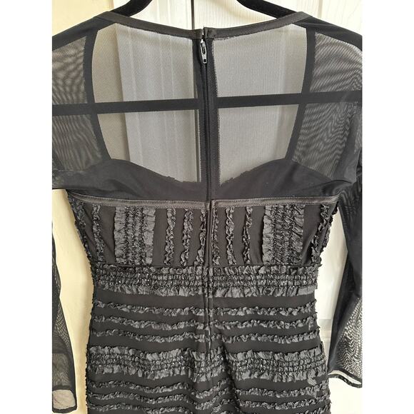 Vintage Tadashi‎ Black Mini Dress Long Sleeve Mesh Ruffle Trim Party Cocktail - Picture 4 of 11